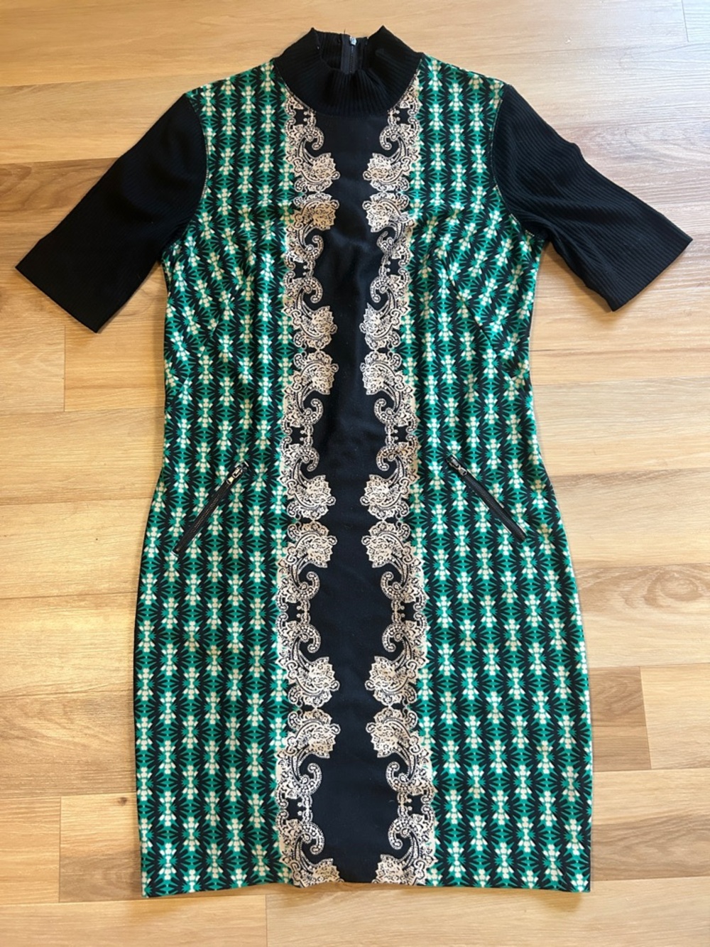 Julian Taylor Green Patterned Midi Dress with Black Gold-Embroidered Center